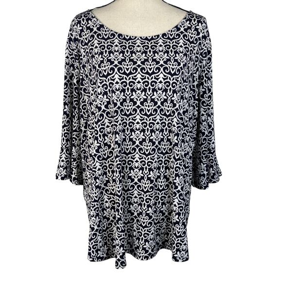 dressbarn Tops - Dressbarn 3X-Large Top Geometric Stretch 3/4 Bell Sleeve Boat Neck Zip Navy Blue